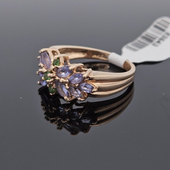 14K Yellow Gold Tanzanite & Emerald Flower Motif Cluster Gemstone Ring Size 8 - Picture 8 of 16